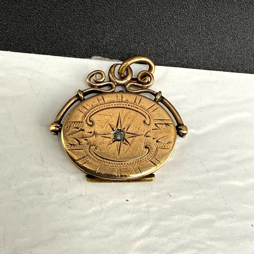 Vintage Gold Filled Watch Fob Locket Engraved Rhinestone